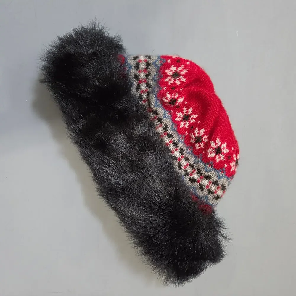 Fair Isle Knit Hat with Black Faux Fur Trim Womens One Size Winter Nordic